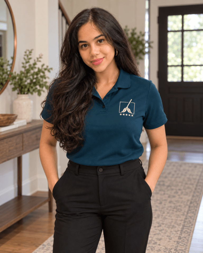 Eilen Romero, founder of It Smells Clean LLC, wearing the company uniform