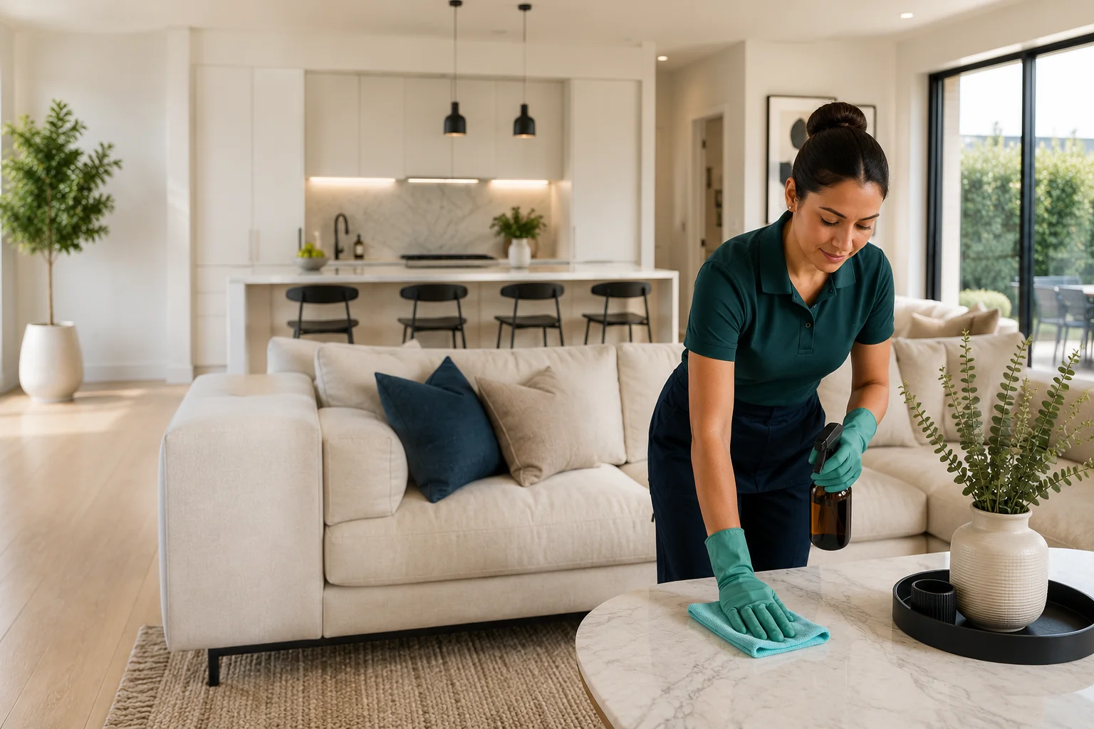 Cleaning professional wiping a coffee table in a bright living room